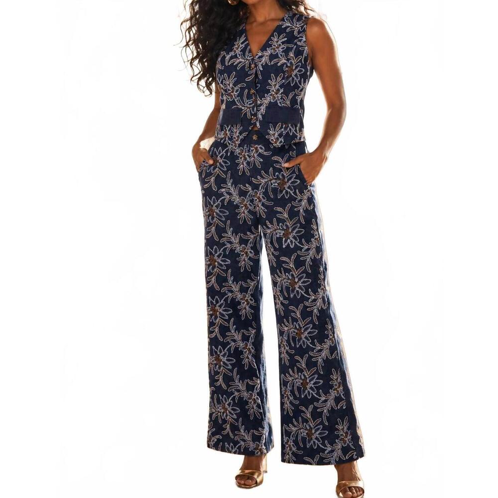 NEW SURELYMINE sienna floral brocade vest & wide-leg pants set in blue